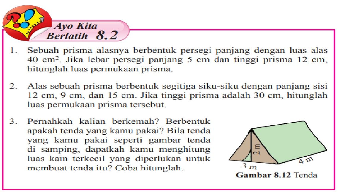 Ilustras Kunci Jawaban Matematika Ayo Kita Berlatih 8.2 Halaman 146 No. 10-12 Kelas 8 SMP MTs: Bangun Ruang Sisi Datar