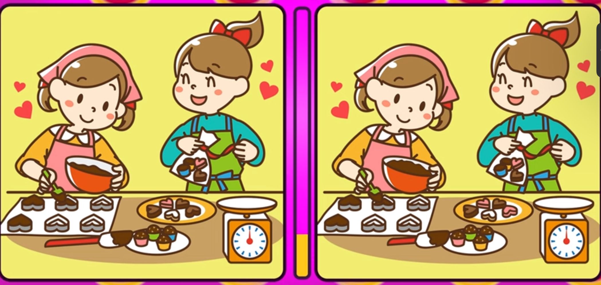 Dalam tes IQ kali ini, Kamu akan ditantang untuk menemukan tiga perbedaan pada gambar dua wanita yang sedang membuat kue. 