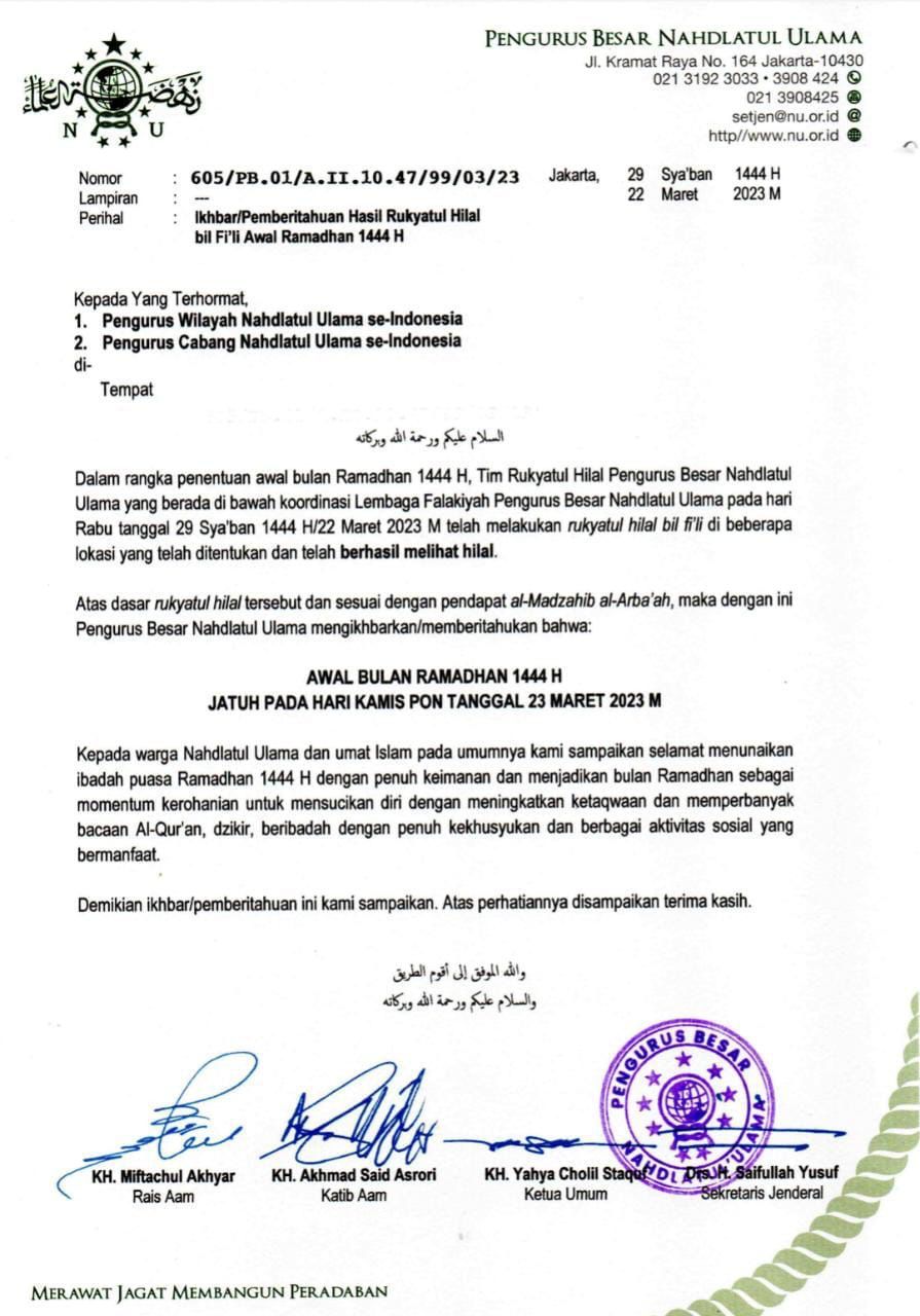 PBNU Pastikan 1 Ramadhan 1444 H Jatuh Pada 23 Maret 2023