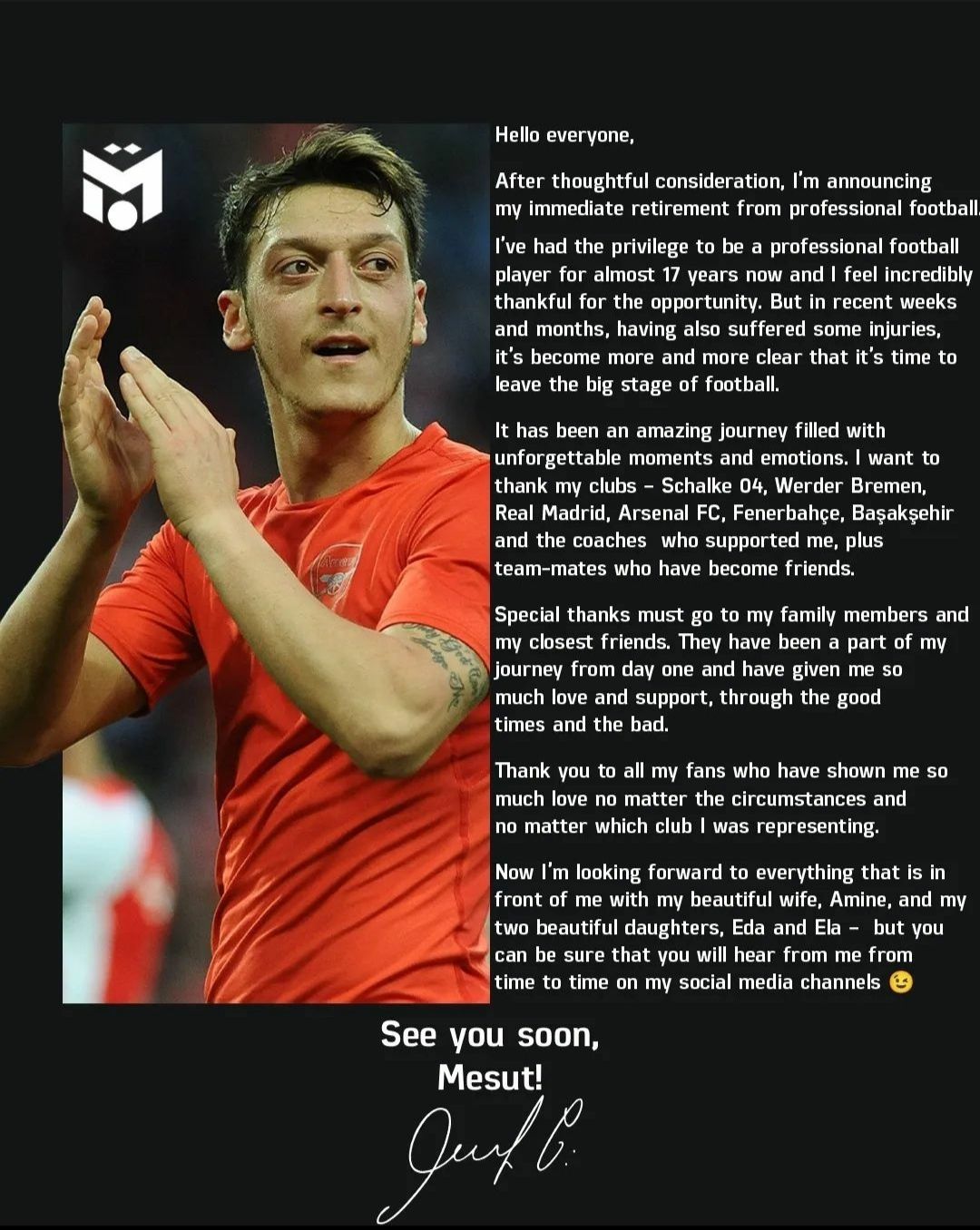 unggahan ozil yang mengumumkan pensiun dari sepakbola