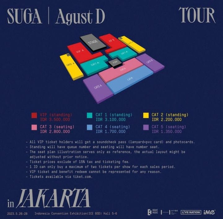 harga tiket SUGA BTS gelar tour di Indonesia selama 3 hari, pada bulan Mei 2023 bertempat di ICE BSD City