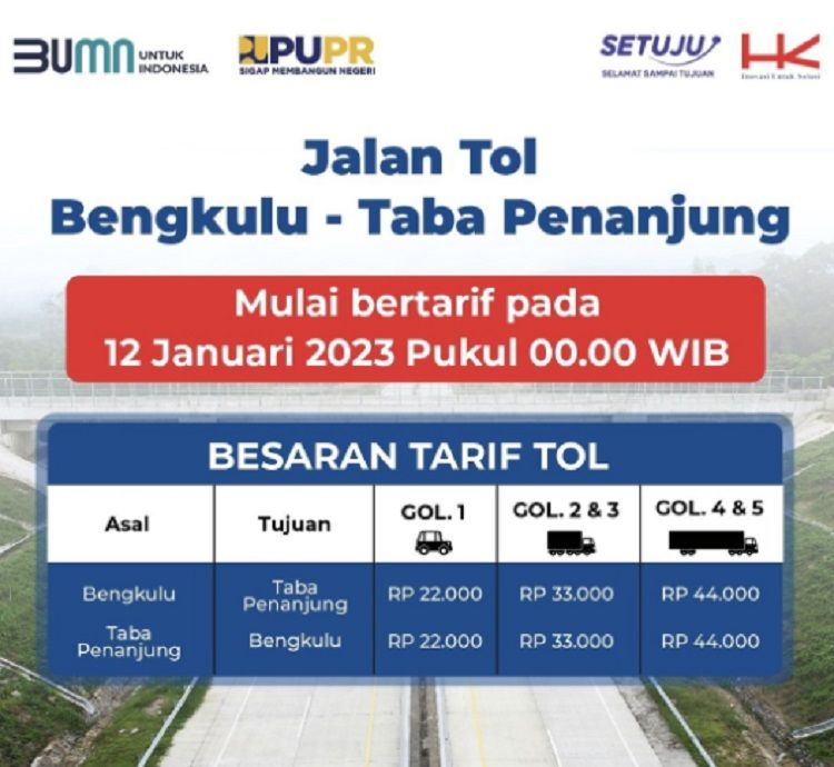 Pemerintah telah menetapkan tarif tol baru pada Jalan Tol Bengkulu-Taba Penanjung sejak 12 Januari 2023. (instagram @hk-bengtaba)