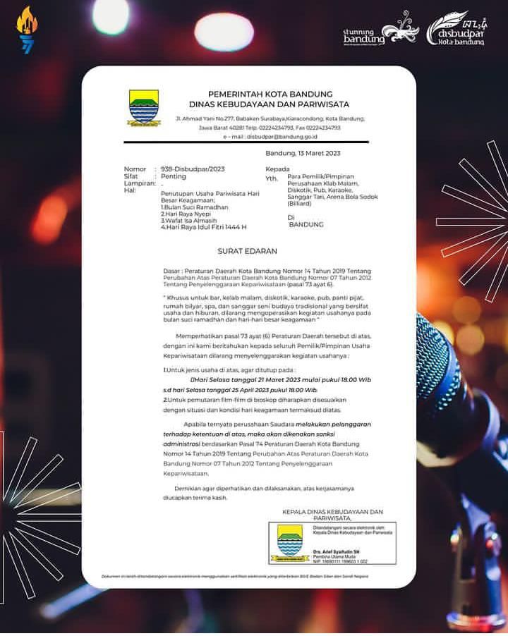 Deskripsi : Pemkot Bandung melarang beberapa tempat hiburan buka selama bulan Ramadhan