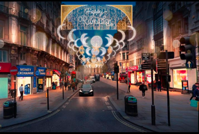 Kawasan populer di London yakni Distrik West End dihiasi lampu berbentuk bulan sabit dan bintang untuk menyambut ramadhan 2023. Ini pertama kali dalam sejarah.