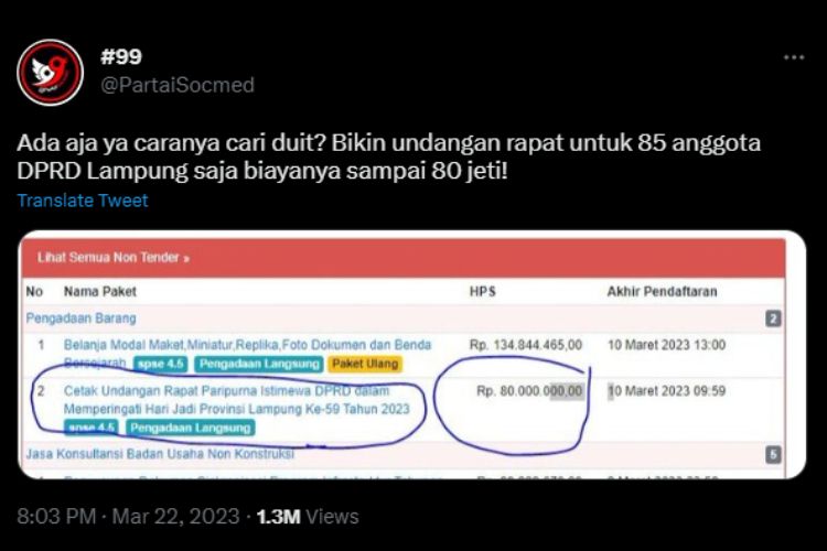 Media sosial dihebohkan dengan unggahan Twitter yang menunjukkan paket cetak undangan Rapat Paripurna DPRD Lampung senilai Rp80 juta.  