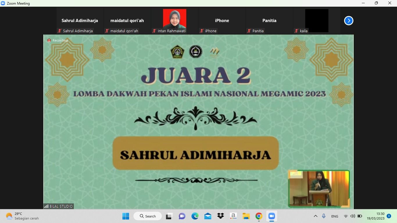 Mahasiswa UIN Sunan Gunung Djati Bandung ikut berpartisipasi dalam ajang Pekan Islami Nasional MEGAMIC 2023 cabang Lomba Dakwah yang dihelat oleh HMJ Manajemen Universitas Islam Sultan Agung Semarang.  Dia adalah Sahrul Adimiharja, mahasiswa Komunikasi dan Penyiaran Islam (KPI) angkatan 2019.