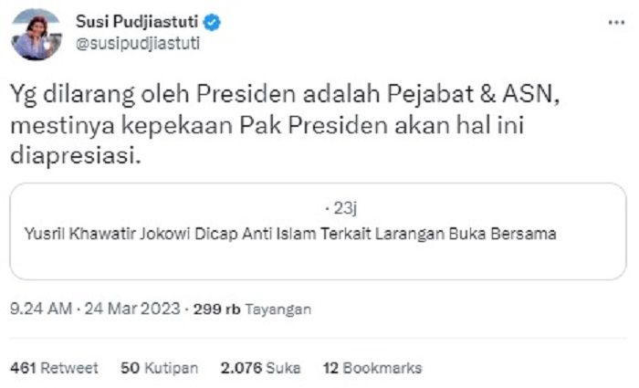 Susi Pudjiastuti membela presiden usai Yusril Ihza Mahendra khawatir Jokowi dicap anti Islam gegara larang buka puasa bersama.*