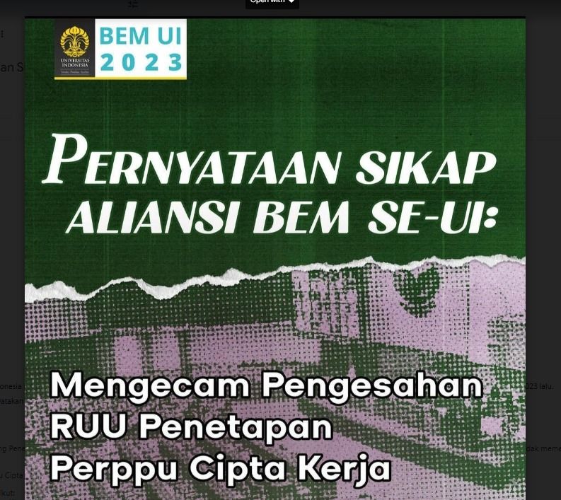Buat Pernyataan Sikap, BEM UI Mengecam Pengesahan Perppu Ciptaker