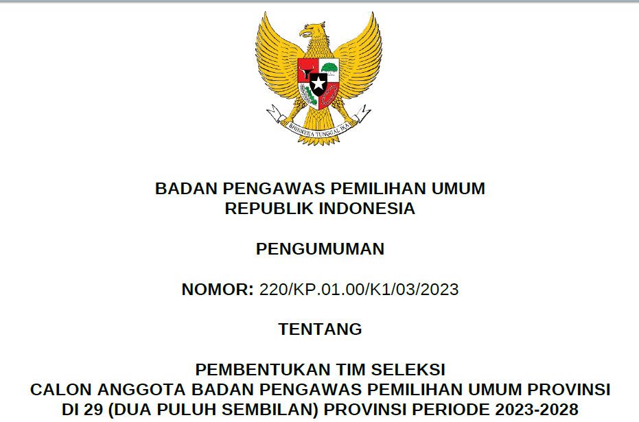 Pembentukan Timsel Bawaslu 29 Provinsi di Indonesia