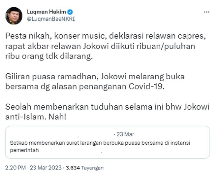 Luqman Hakim menanggapi soal Jokowi yang meniadakan buka puasa bersama bagi para pejabat dan pegawai pemerintah selama Ramadhan 1444 H.*