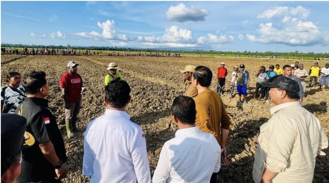 Terlihat presiden RI Joko Widodo yang di damping Prabowo Subianto meninjau lahan food estate