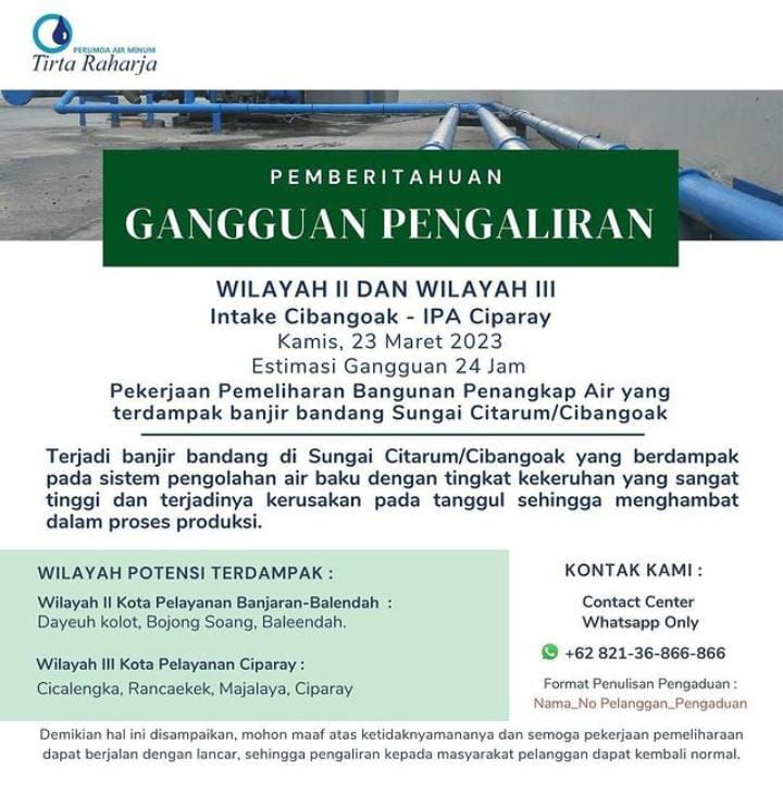 Dua Hari Pasokan Air Terhenti di 7 Kecamatan di Kabupaten Bandung, Ini Penjelasan PDAM