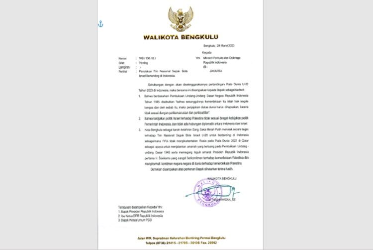 Surat Wali Kota Bengkulu kepada Menpora terkait penolakan terhadap Timnas Israel U 20/dok/ist/