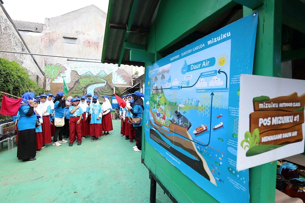 Anak-anak sekolah Mizuiku serta guru pendamping sedang melaksanakan Mizuiku Outdoor Class yang diadakan di Kampung Mizuiku dengan 4 area utama yaitu Daur Air, Cegah Pencemaran Air, Konservasi Air, dan Jaga Air Tetap Bersih.