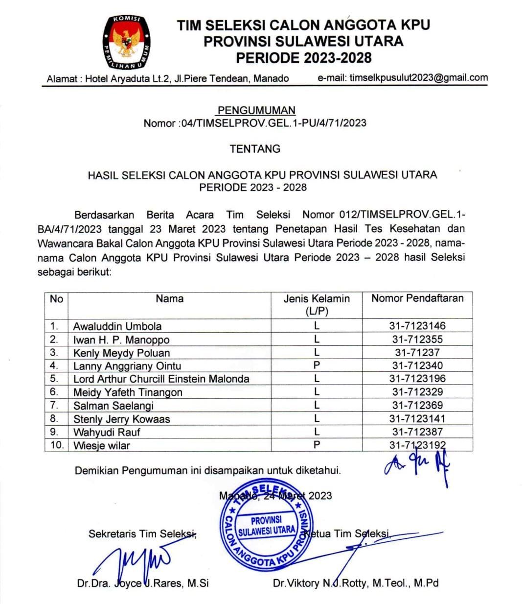 Calon Anggota KPU Sulut menetapkan 10 nama yang lolos sebagai Calon Anggota KPU Sulut Periode 2023-2028.