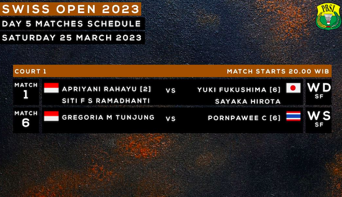 Cek jam tayang di iNews TV pertandingan semifinal badminton Swiss Open 2023 hari ini, Sabtu, 25 Maret 2023.
