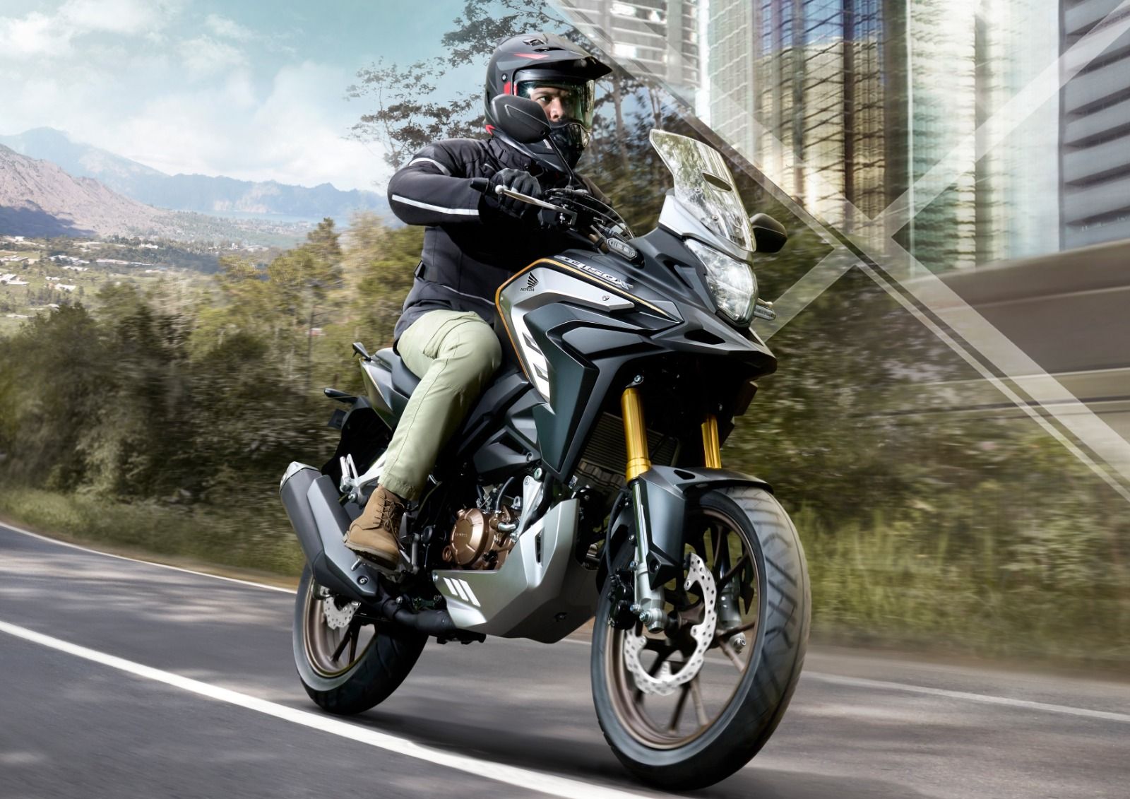 Ilustrasi pengendar sepeda motor yang menggunakan perlengkapan lengkap atau riding gear.