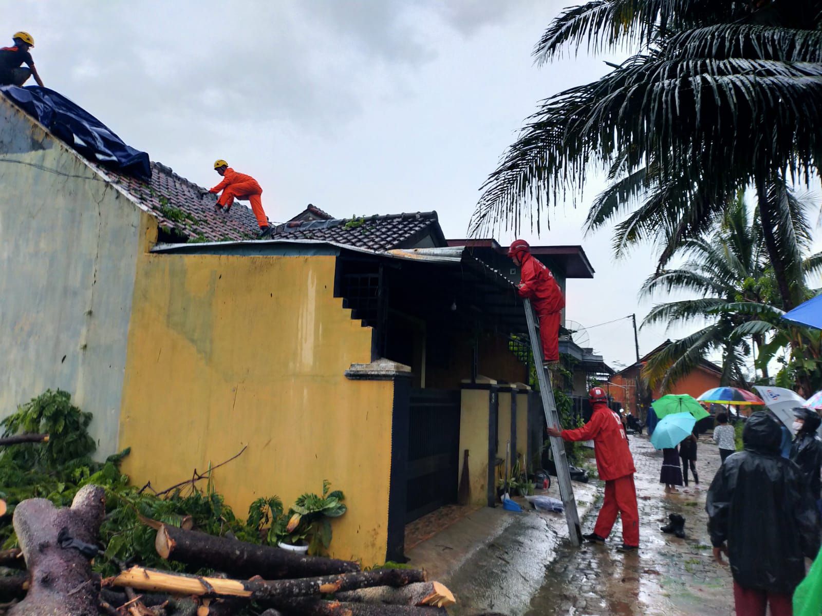 Petugas BPBD dan PMI Banjarnegara bersama relawan gabungan mengecek rumah warga yang terkena angin kencang dan pohon tumbang di Pucang Gembirit