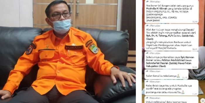 Sekretaris Daerah Kabupaten Ciamis H Tatang dan tangkapan layar WhatsApp modus penipuan yang dilakukan orang tak bertanggung jawab kepada warga.*