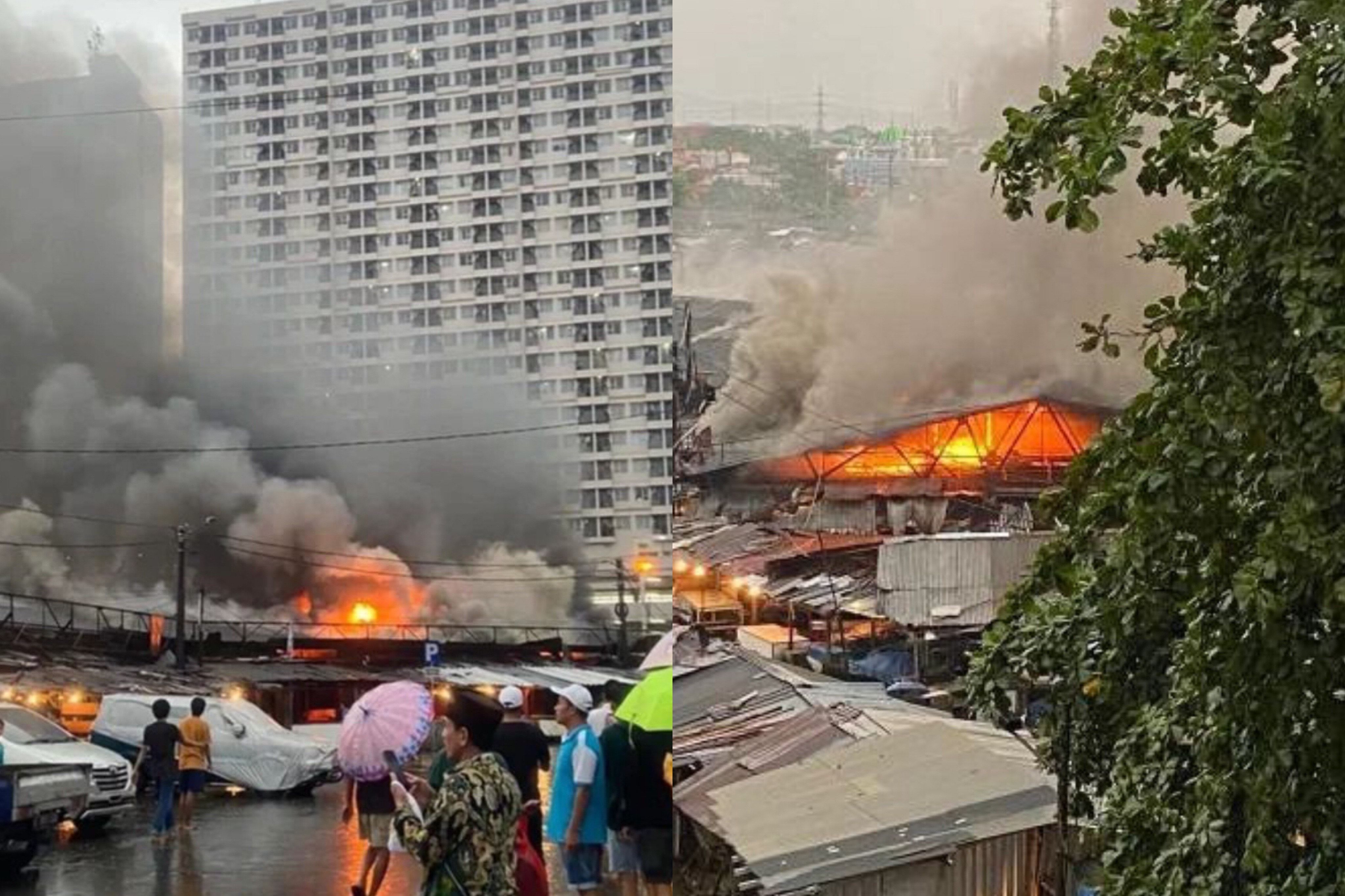 Kebakaran di Pasar Kemiri di belakang Dmall Depok di dekat Apartemen Margonda Residence, Kota Depok pada Minggu, 26 Maret 2023.*
