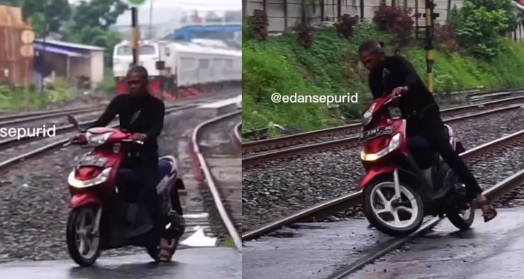 Pemotor tergelincir dan nyaris ditabrak kereta di rel Cimindi.