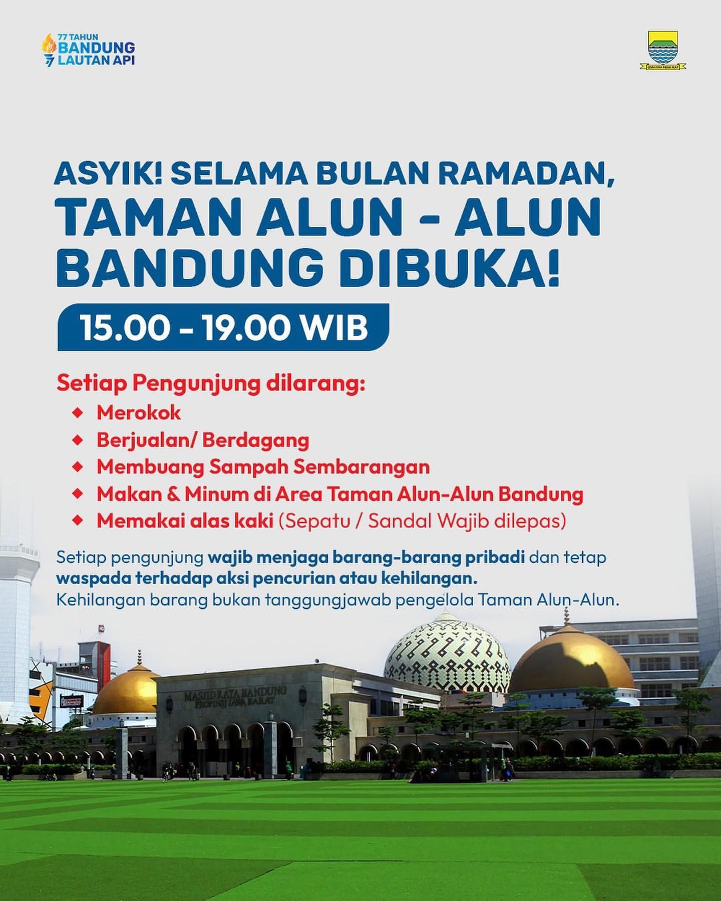 Pemberitahuan Dibukanya Kembali Taman Alun Alun Bandung oleh Instagram resmi Humas Pemkot Bandung 