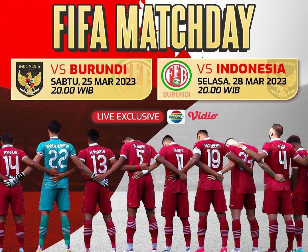 Ilustrasi - Jam tayang Timnas Indonesia vs Burundi FIFA Matchday 2023, dilengkapi informasi prediksi susunan pemain, H2H, dan live di mana.