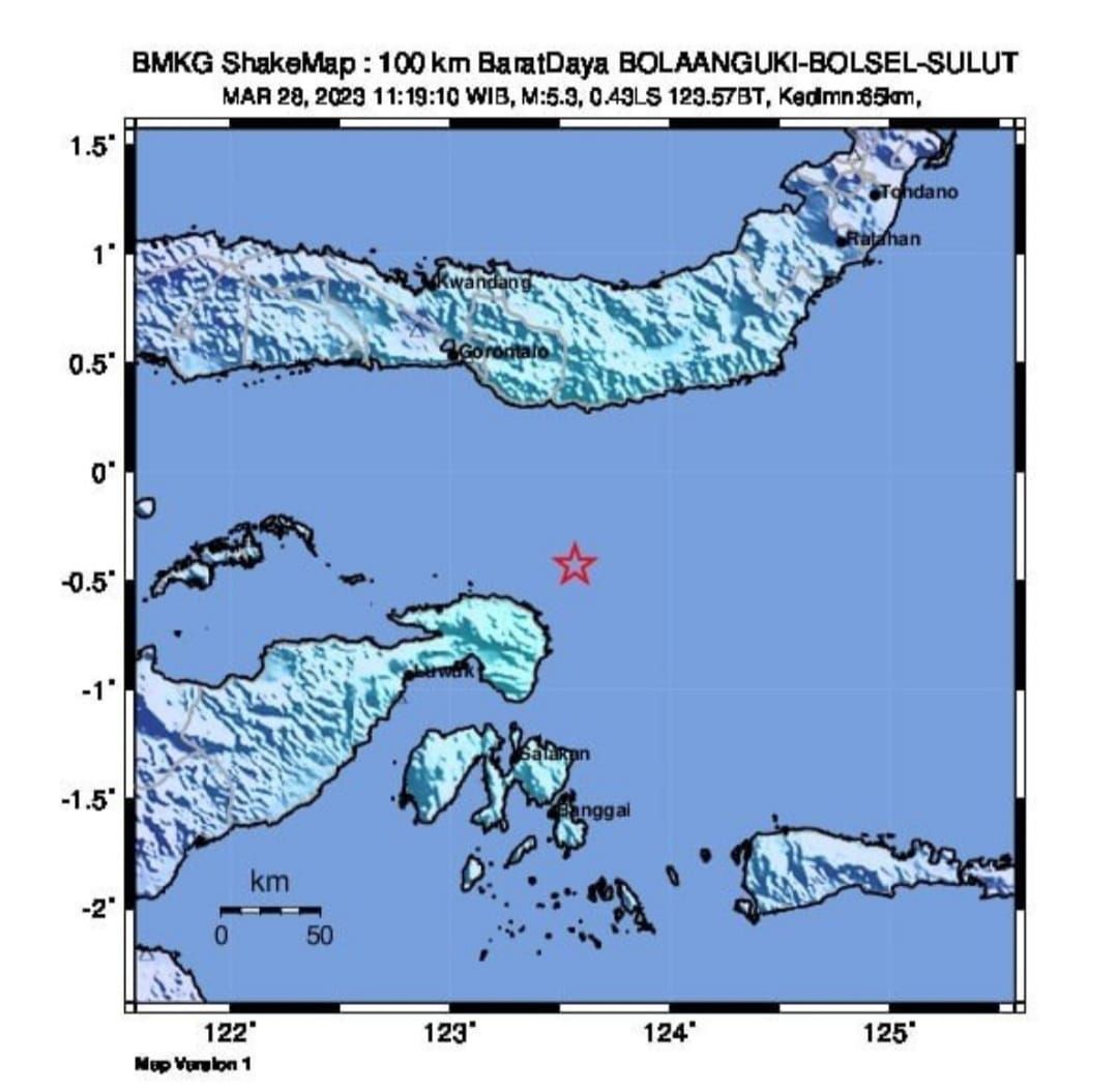 Pusat gempa yang mengguncang wilayah Sulawesi Tengah pada hari ini, Selasa 28 Maret 2023 memiliki magnitudo update M5,3.