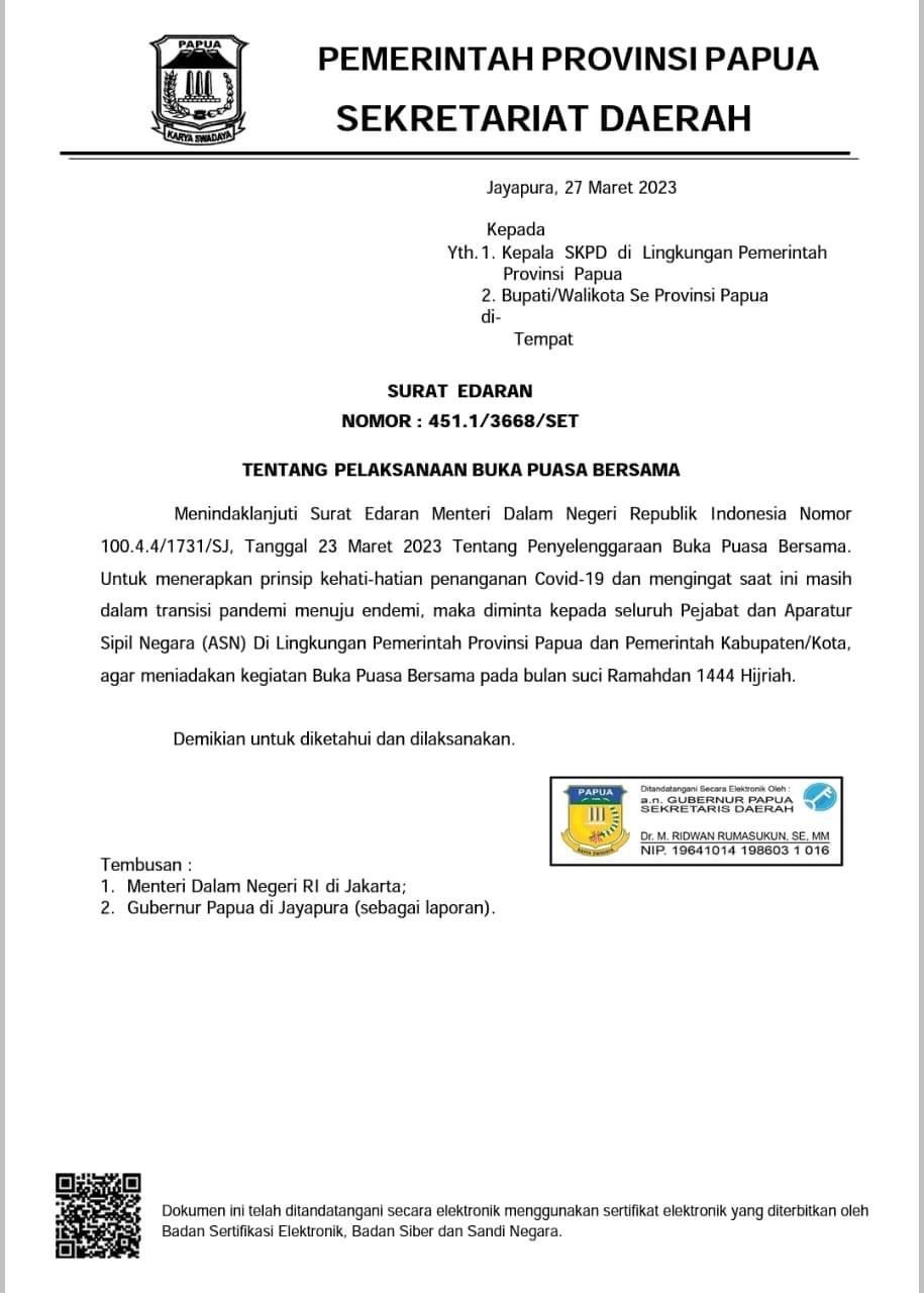 Pemerintah Papua Terbitkan Larangan Buka Puasa Bersama Bagi ASN