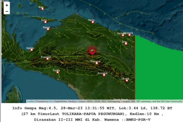 Peta pusat gempa bumi magnitudo 4.5 yang mengguncang kawasan pegunungan Tolikara Papua.