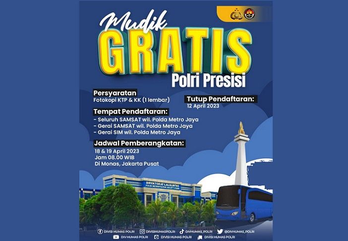 Polri menyediakan 500 unit bus untuk masyarakat Jakarta dan sekitarnya dalam program mudik gratis 'Polri Presisi' 2023 dengan tujuan ke Jawa Barat, Tengah, sampai Jawa Timur.