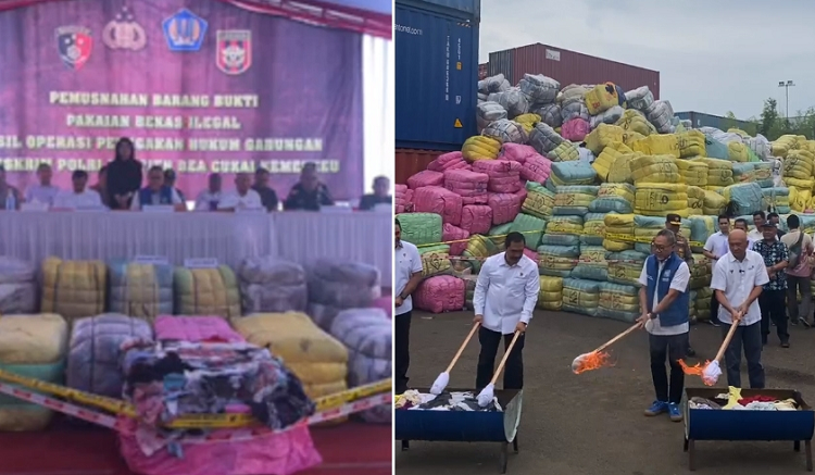 Polri dan Bea Cukai memusnahkan ribuan pakaian bekas impor senilai Rp 80 miliar di Bekasi, Jabar.