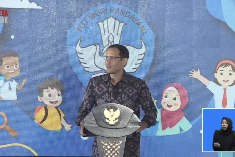 Menteri Pendidikan, Kebudayaan, Riset dan Teknologi (Mendikbudristek) Nadiem Anwar Makarim dalam acara Merdeka Belajar Episode ke-24 di Jakarta, Selasa (28/3/2023).