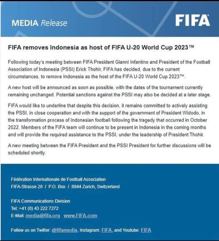FIFA mengonfirmasi bahwa Piala Dunia U-20 2023 resmi tidak digulirkan di Indonesia.