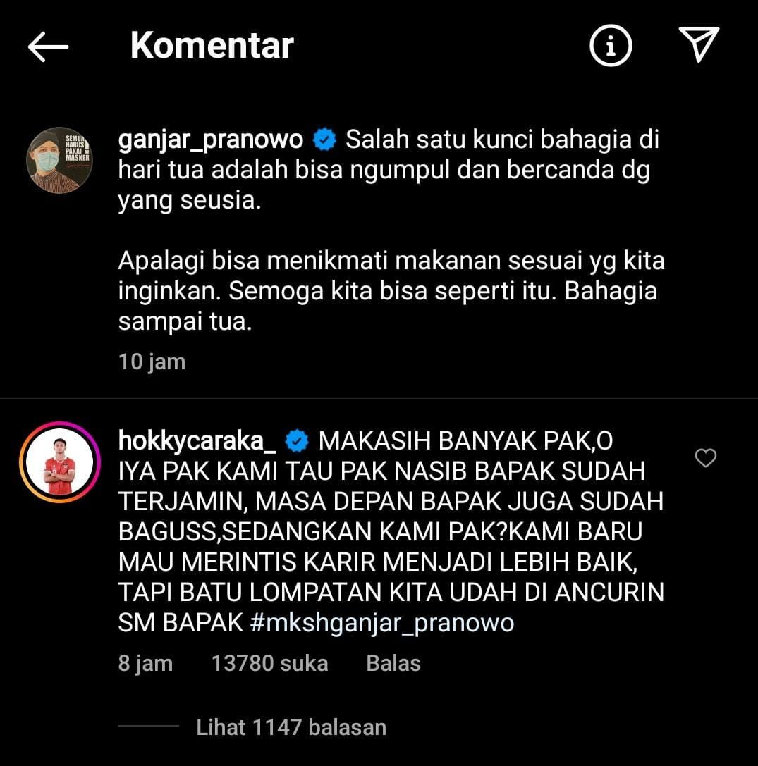 Hokky Caraka menuliskan status di akun Instagram pribadinya untuk meluapkan kekecewaannya dan menyinggung nama Ganjar Pranowo 