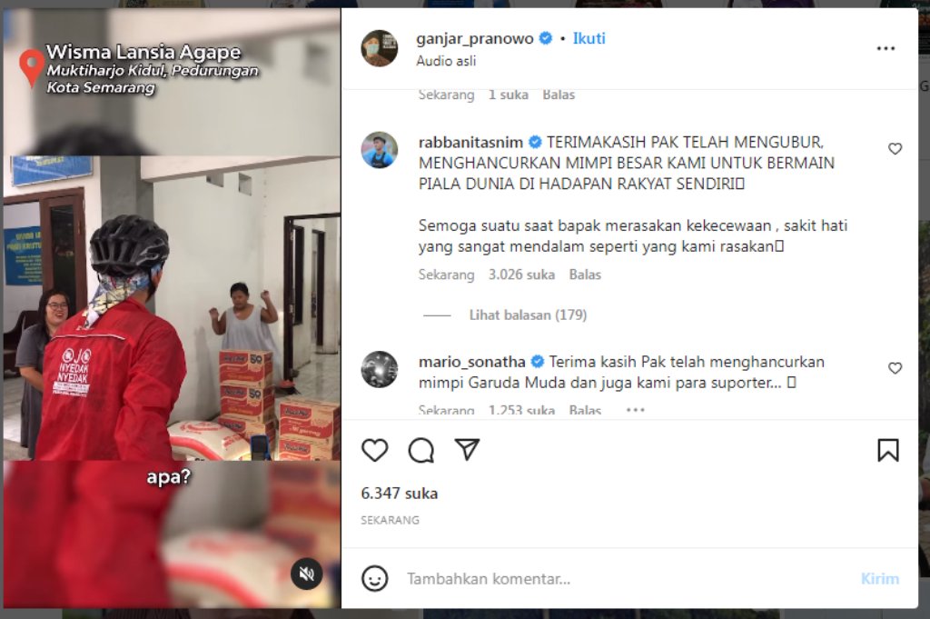 Komentar Striker Timnas Indonesia U-20, Rabbani Tasnim di Media Sosial Instagram Ganjar Pranowo