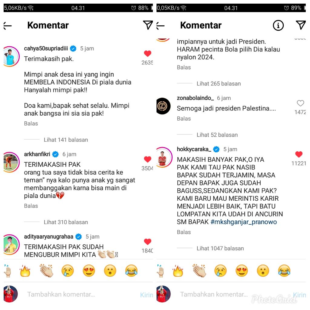 Akun media sosial pemain Timnas U20 geruduk instagram Ganjar Prabowo buntut FIFA batalkan Piala Dunia U20 di Indonesia. Mereka ramai ucapkan Terimakasih Pak.