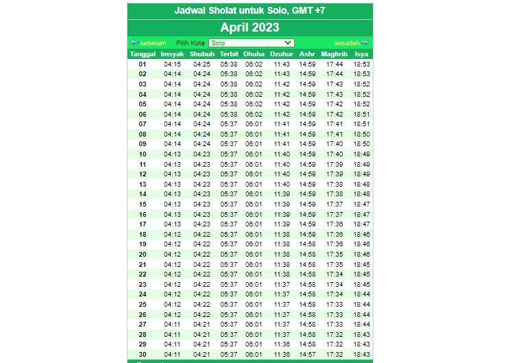 Jadwal Sholat Solo 2023 Bulan Puasa Ramadhan