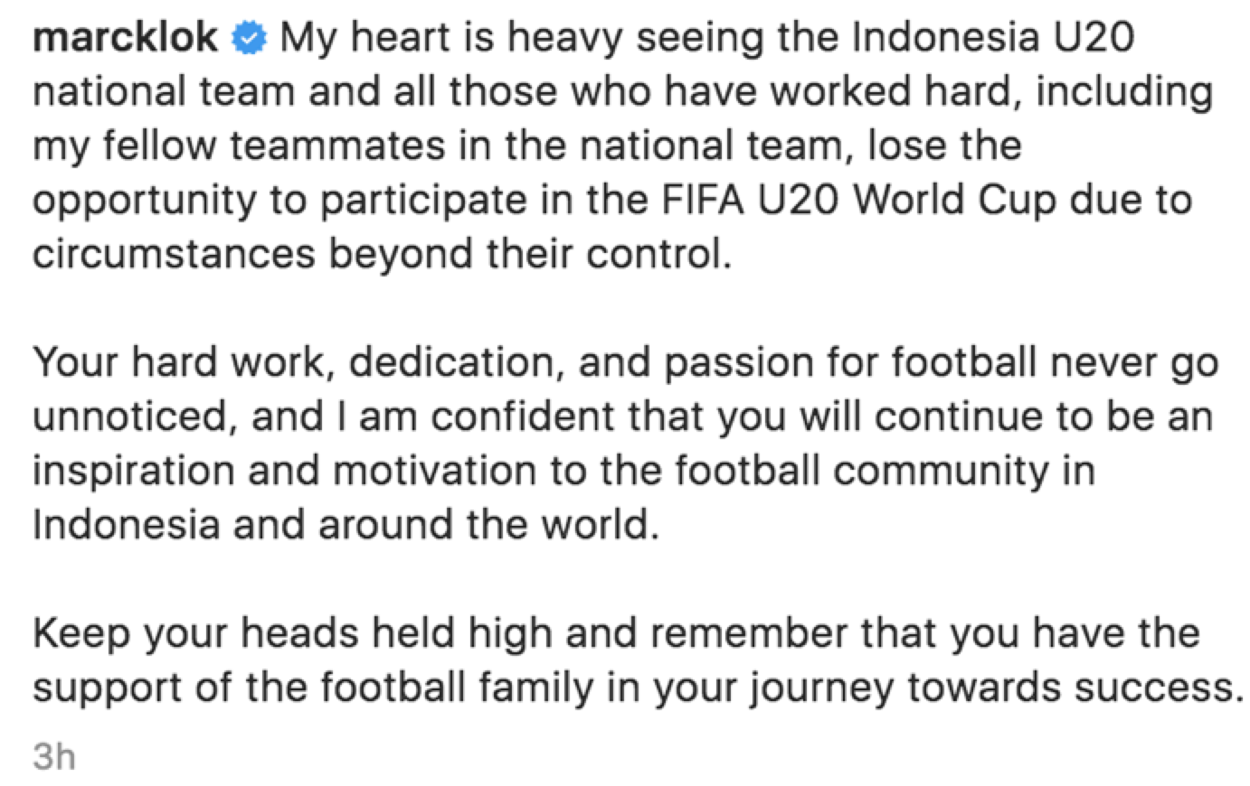 Tanggapan dari Marc Klok atas batalnya Indonesia menjadi tuan rumah Piala Dunia U-20/Tangkapan layar/Instagram.com marcklok.