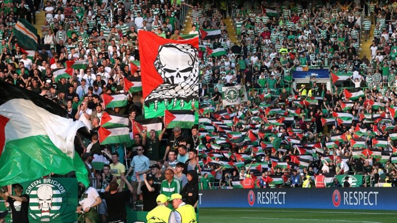 Suporter klub Skotlandia, Celtic, membentangkan ribuan bendera Palestina di laga melawan klub Israel, Hapoel Beer Sheva.