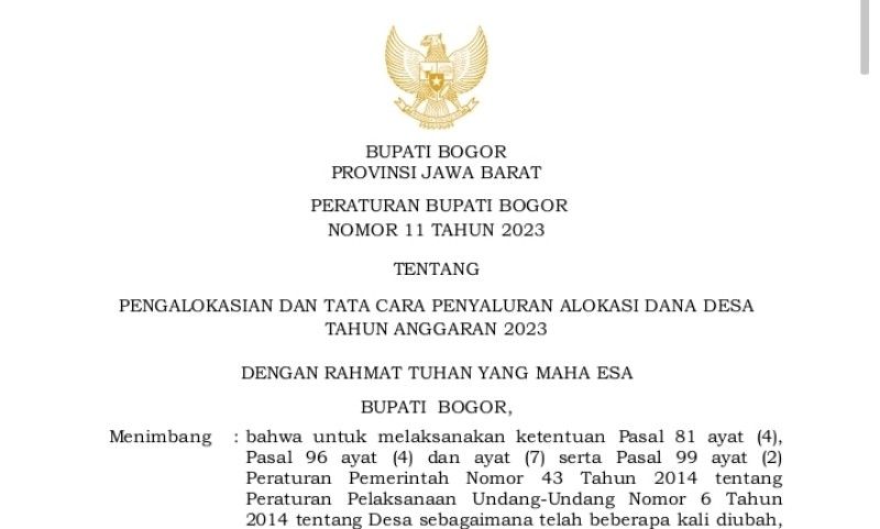 Tangkap layar Perbup 2023 Terbit! Para Kepala Desa dan Perangkat Desa di Kabupaten Bogor Siap-siap Gajian via ADD