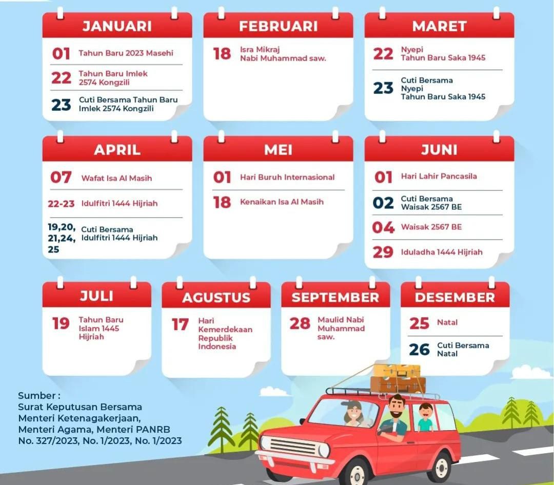 Kalender hari libur nasional dan cuti bersama tahun 2023.