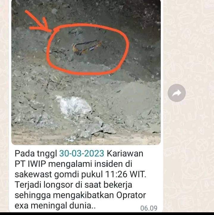 Pengguna akun Facebook membagikan informasi meninggalannya karyawan PT IWIP tertimpa runtuhan longsor di lokasi tambang.