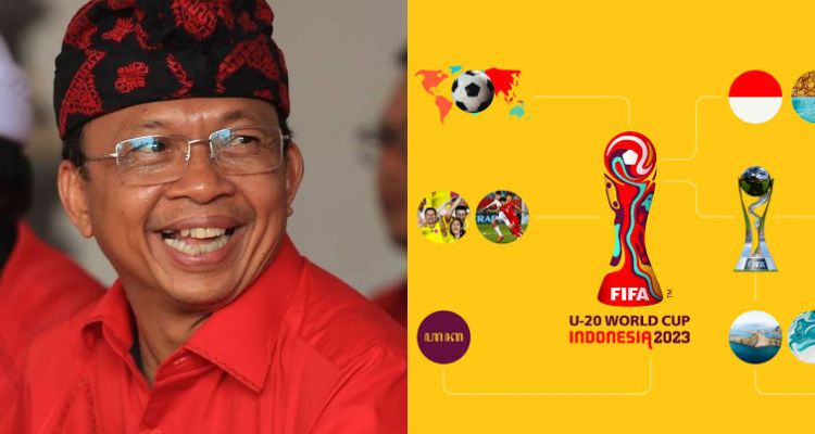 Kolase Gubernur Bali, I Wayan Koster dan Lambang resmi FIFA Piala Dunia U-20 2023 di Indonesia.