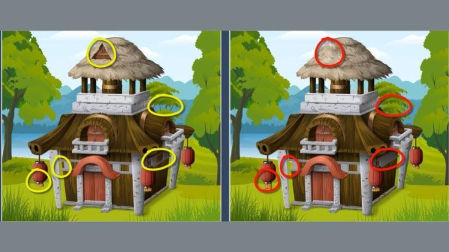 Jawaban tes IQ dalam menemukan perbedaan gambar rumah. 