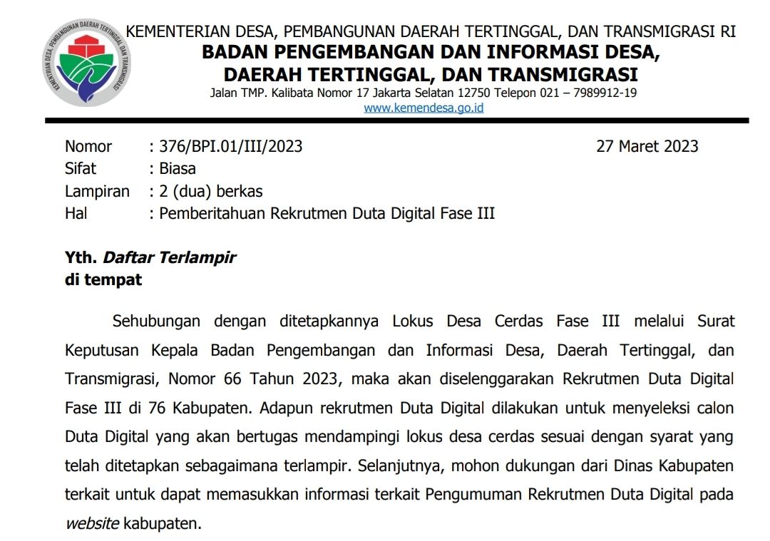 Surat Pemberitahuan Rekrutmen Duta Digital Fase III