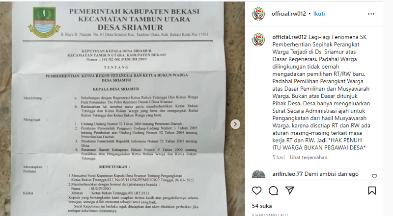 Ketua RT dan RW di Bekasi Dihentikan Sepihak oleh Kades Sriamur Kecamatan Tambun Utara Kabupaten Bekasi dan dugaan penyelewangan