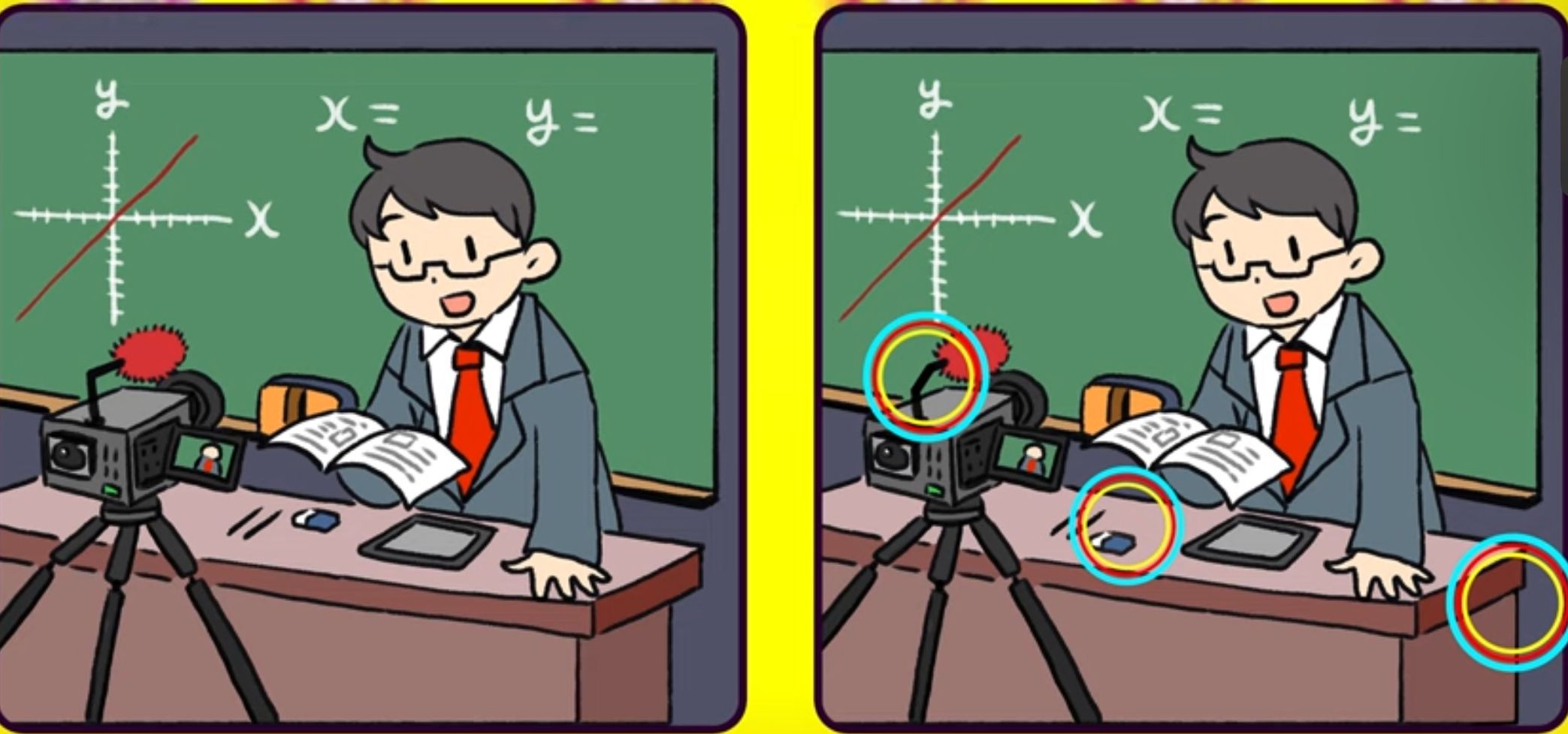 Jawaban tes IQ dalam menemukan perbedaan gambar guru matematika yang sedang ngevlog. 