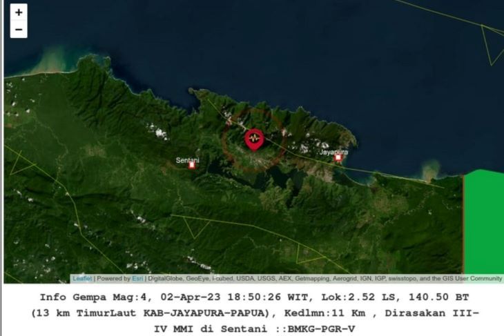 Peta pusat gempa bumi tektonik yang melanda wilayah Sentani Kabupaten Jayapura Papua, Minggu 2 April 2023.