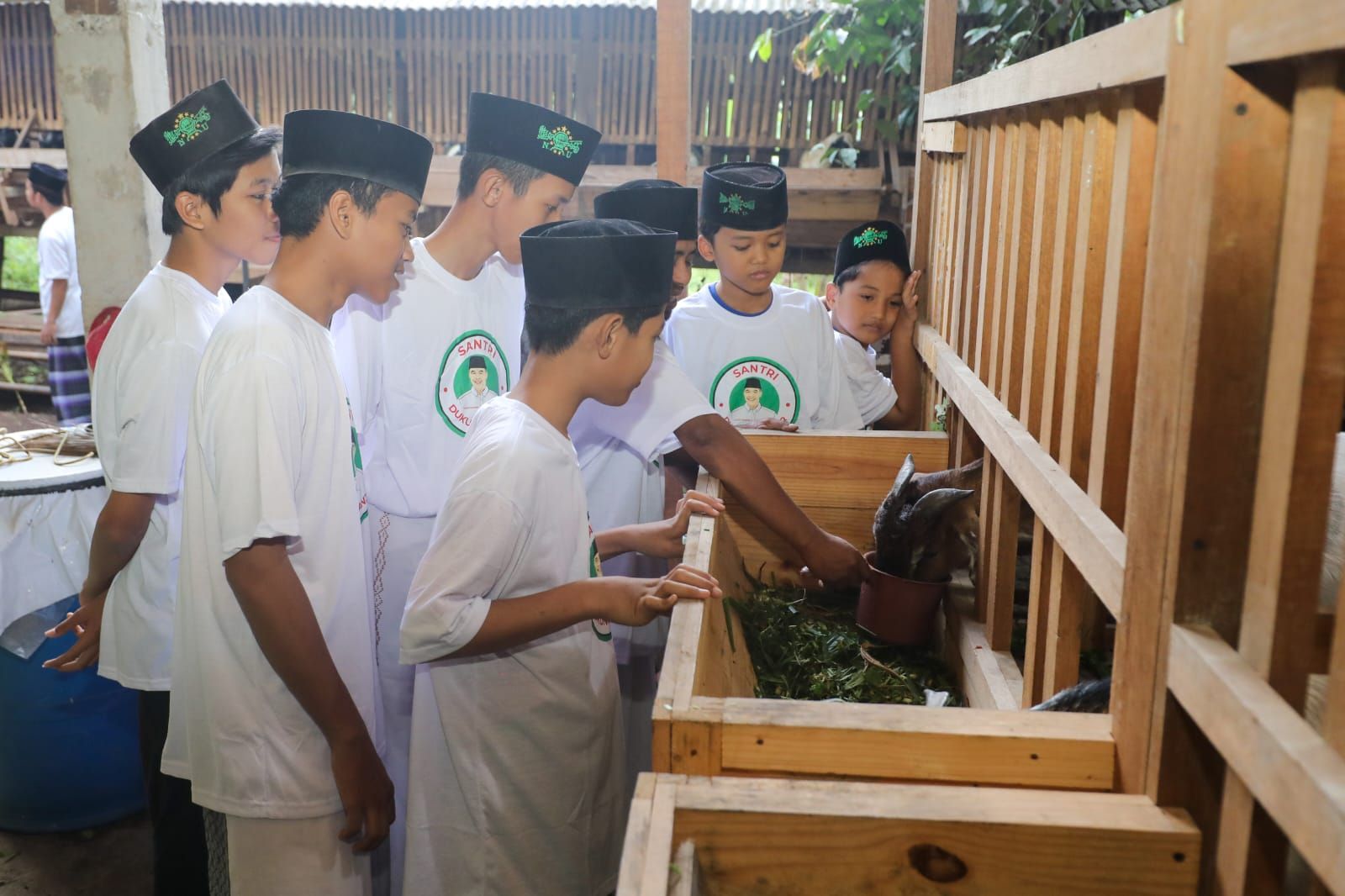 Santri Pondok Pesantren Daarul Mutaallimin mendapatkan pelatihan budi daya ternak kambing dari sukarelawan Santri Dukung Ganjar atau SDG Banten.